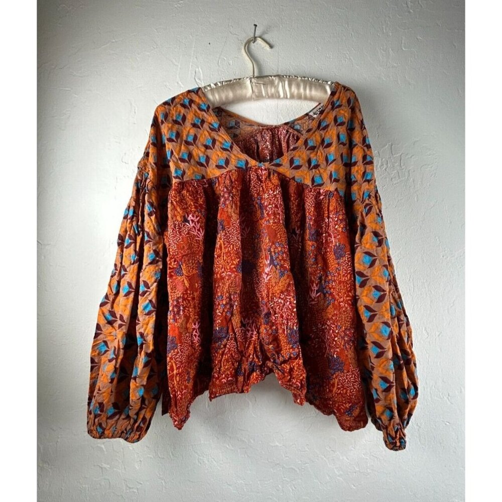 Bucket List Top Women Medium Rust Floral Boho Fall Balloon Sleeve Blouse Cotton